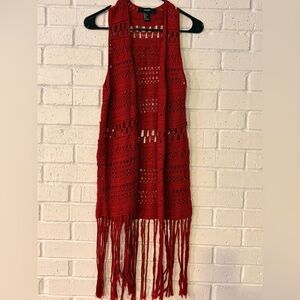 Maroonish Red Crochet Fringe Vest